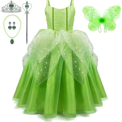 Girls Princess Tiana Dress up Costume Kids Cosplay Princess and The Frog Clothing Green Elf Costume Christmas Party Fluffy Dress