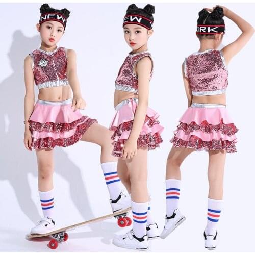Girl sequins hip-hop hip-hop suit Korean version of Chaoluo navel Jazz Costume summer children cheerleading performance clothes