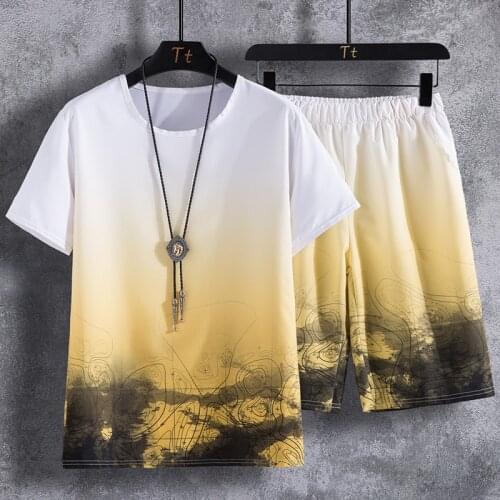 Summer short-sleeved T-shirt mens gradient suit mens suit set with handsome summer clothes trend tide brand