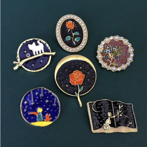 Muylinda Grimms fairy tale little prince cartoon brooches pin badge icon and pearl rose flower badge brooch jewelry accessories