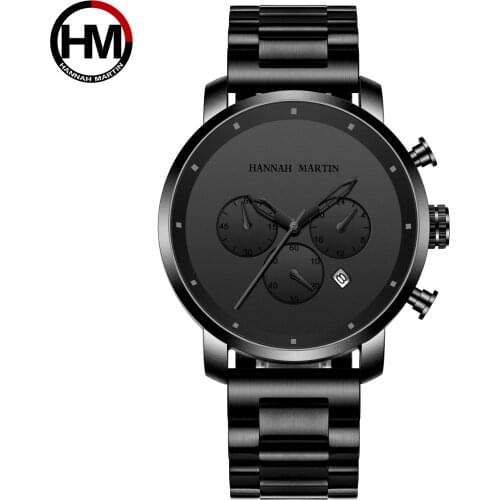 DropShipping Big Dial 45mm Full Black Stainless Steel Multi-function Calendar Mens Top Brand Luxury Watches Relogio Masculino