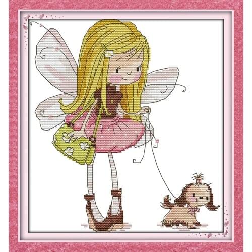 Elve walking dog cross stitch kit cartoon 14ct 18ct count canvas stitching embroidery DIY handmade needlework plus