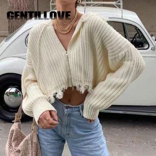 Oversized Women Long Batwing Sleeve Hooded Sweater Cardigan Vintage Sexy Hole Hollow Tassel Crop Knitted Coat Zipper Outwear