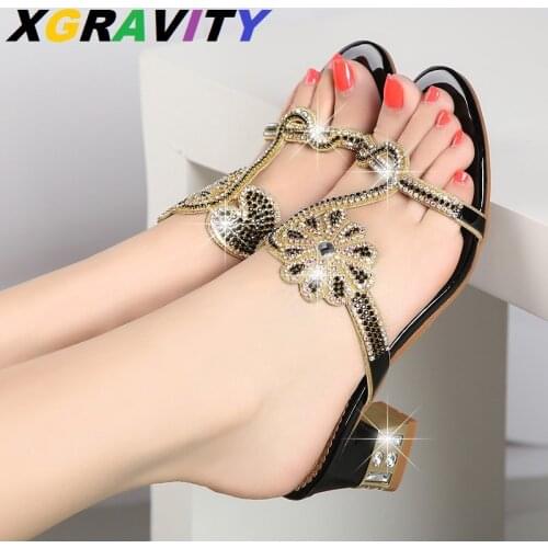 D061 XGRAVITY New 2021 Summer Shoes Elegant High Heel Pumps Rhienstone Sexy Ladies Slippers Chunky High Heeled Slides For Ladies