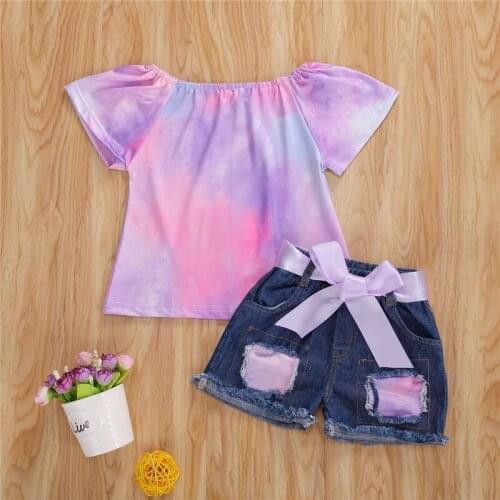 New Two-piece Children Tie Dye Outfit Girls Short Sleeve T-shirt Denim Shorts Set
