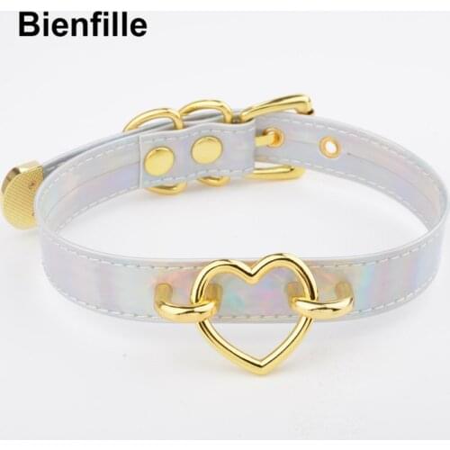 Goth Laser Faux PU Leather Necklace Harajuku Stylish 90s Kawaii Gothic Heart Choker BDSM Halsband Bondage Collar Choose Colors