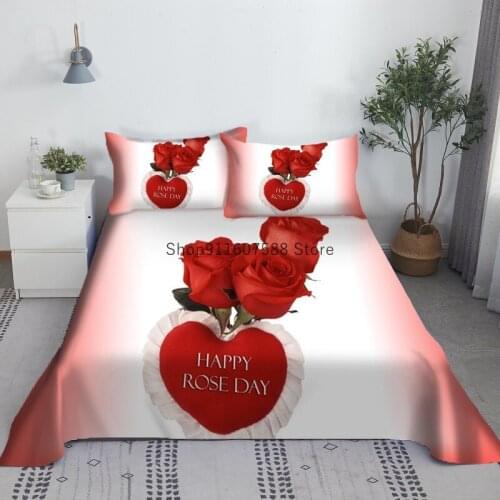 Happy Rose Day Bed Sheet Set 3D Printed Polyester Bed Flat Sheet With Pillowcase Bed Linen Gifts For Lovers King Queen Size