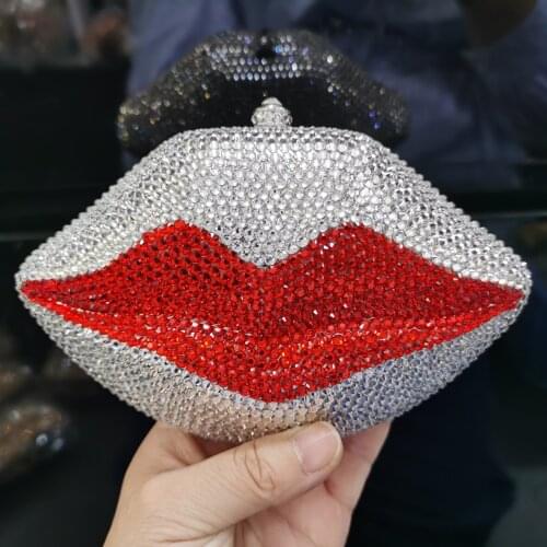 Stylish Diamond Evening Bag Sexy Red Lips Crystal Evening Bag Gold metal Party Purse Bride Wedding Handbag with Chain bag 88313