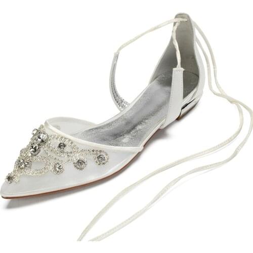 Comfort Flat Rhinestones Wedding Shoes for Bride Pointed Toe Ankle Strap Air Mesh Crystals Wedding Bridal Dress Flats