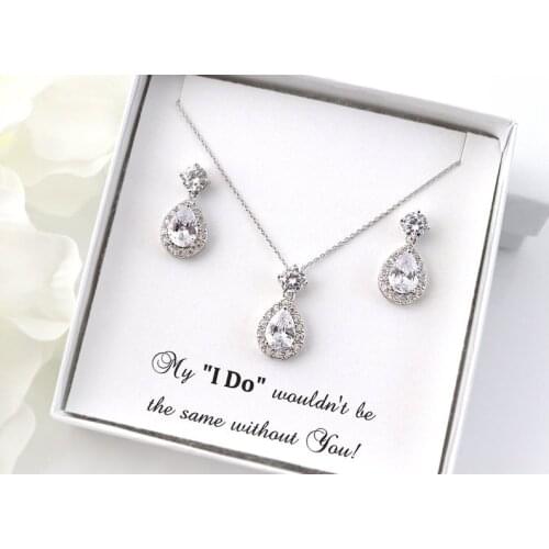 Custom Maid of Honor Teardrop Bridal Jewelry Wedding Earrings + Necklace SET, Crystal Teardrop Earrings, Bridesmaid Gift Set