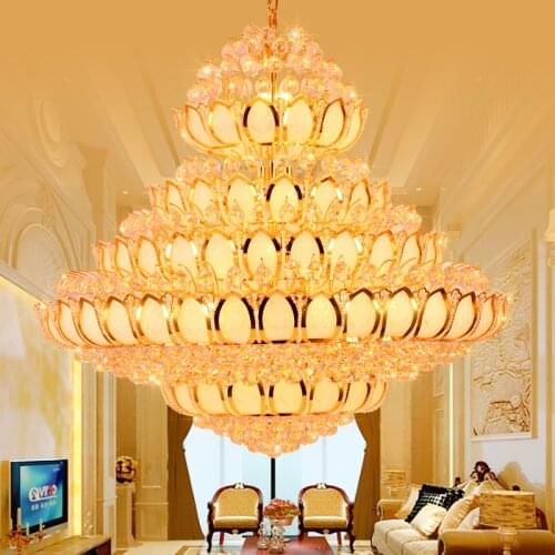 LED Modern Gold Crystal Chandeliers Lights Fixture Golden Lotus Flower Crystal Chandelier Home Indoor Lighting Big Lobby Lamps