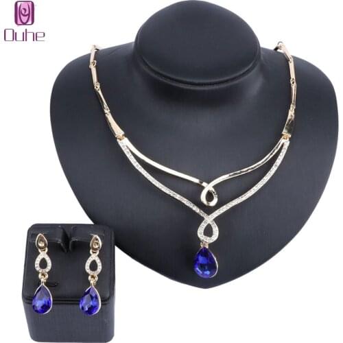 OUHE Jewelry Gold Color High Quality Crystal Glass Necklace Earrings Set for Women Wedding Jewelry Set