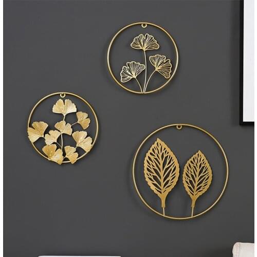 Nordic Style Iron Art Golden Leaf Shape Wall Hanging Decoration Creative Metal Round Wall Shelf Decor For Bedroom Living Room