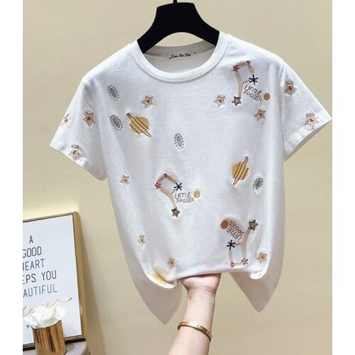 GGRIGHT Summer Cartoon Embroidered Tee Shirts Women Short Sleeve Cotton T-shirt Woman Casual O-Neck Tops Female Korean Harajuku