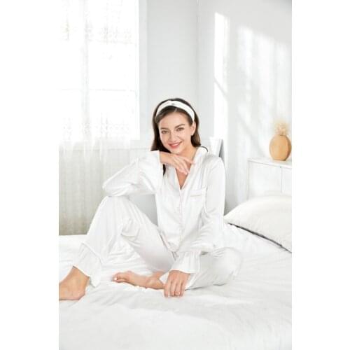 XiberylS Womens Pajamas With Ruffles 2021 Luxary Summer Silk Nightwear White Satin Pajamas With Headband