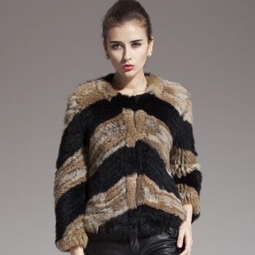 ZY81003 Hot Sell Women Real Knitted Rabbit Fur O-Neck Nine Quarter Coat Jacket Winter Women Fur Coats Female Overcoat