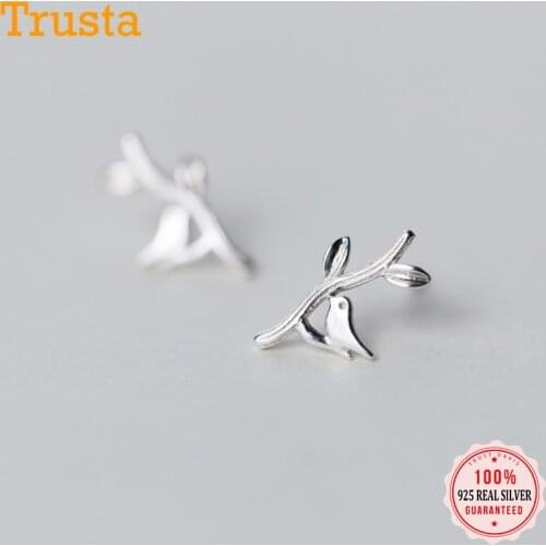 Trusta 100% 925 Sterling Silver Womens Jewelry Fashion 9mmX14mm Leaves Bird Stud Earrings Gift For Girls Kid Lady Women DS428