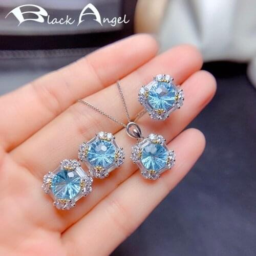 BLACK ANGEL Luxury Blue Topaz 925 Silver Jewelry Set Stud Earrings Fireworks Cut Pink Gemstone Necklace Resizable Ring for Women