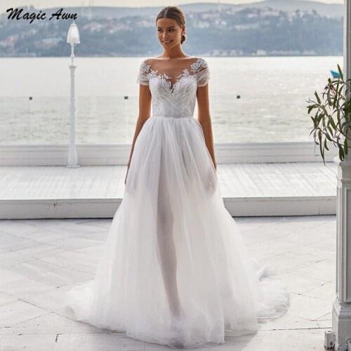 Magic Awn 2021 Beach Wedding Dresses Illusion Lace Appliques Short Sleeves Bohemian A-Line Mariage Gowns For Women Robe Mariée
