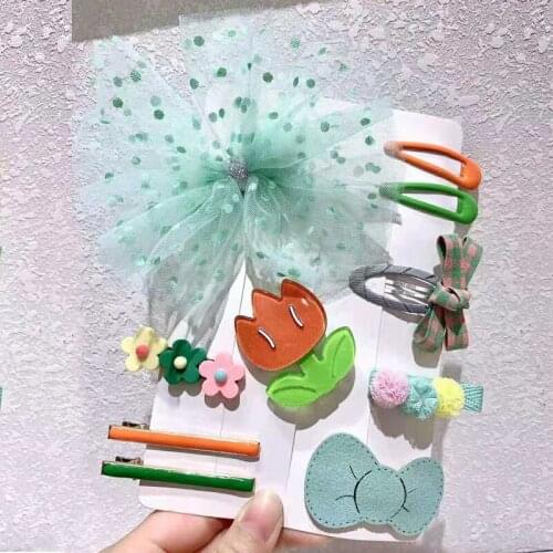 10PCS/SET Pretty Green Flowers Baby Girls Clip Leather Bow Child Tie Knot Creativity Handmade Hairpins Hair Accessories For Kids