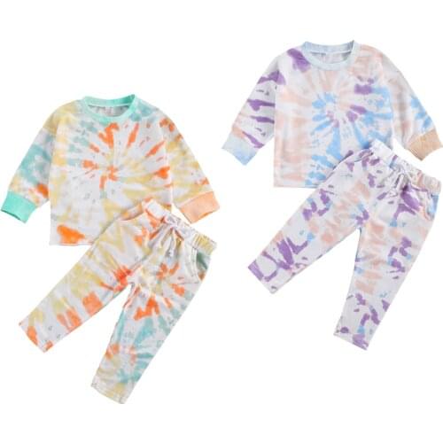 2020 Casual 1-6Y Toddler Baby Boy Girl Clothes Sun Colorful Tie Dye Print Long Sleeve Sweatshirt+Drawstring Pants Fall Tracksuit