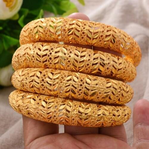 24K 4Pcs/lot Olive Leaf Dubai Ethiopian Gold Color Coin Cuff Bangles For Women Wife Wedding Jewelry Bangles&Bracelet Gifts