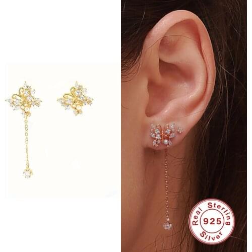 GS 925 Sterling Silver White Zircon CZ Butterfly Mismatched Earrings For Women Delicate Long Chain Tassel Ear Studs Jewelry