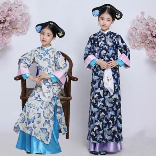 Children Chinese Traditional Princess Costume Qing Dynasty Ancient Folk Hanfu Robe Flag Suit Girls Court Dress for Cosplay Stage