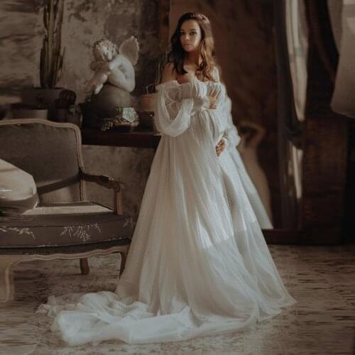 Vintage White Dots Tulle Long Maternity Dress Off The Shoulder Puff Sleeves Bridal Gowns Princess Pregnancy Clothes