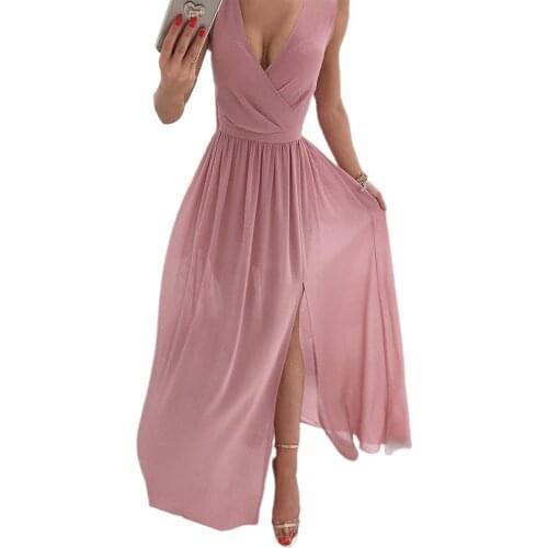 Elegant Solid Long Dress Women Summer Sexy Deep V-Neck Sleeveless Dress Side Split Maxi Beach Dresses Ladies Party Club Vestido