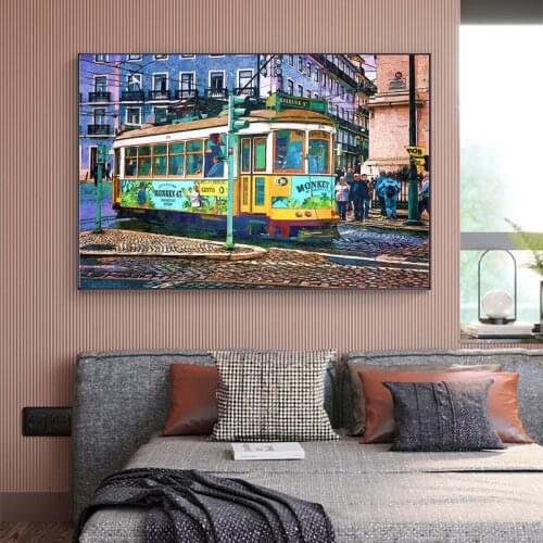 Watercolor Lisbon City Street Bus Tram Art Canvas Print Painting Morden Graffiti Wall Picture Living Room Home Decoration Poster