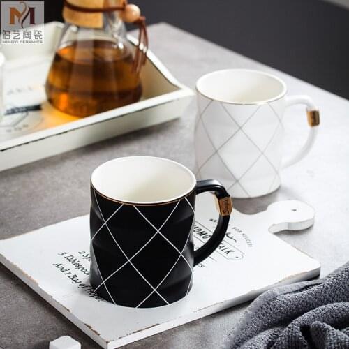 Nordic Golden Black and White Grid Geometry Ceramic Coffee Mug Porcelain Juice Drinking Cup Coffee Milk Tea Cup MJ731