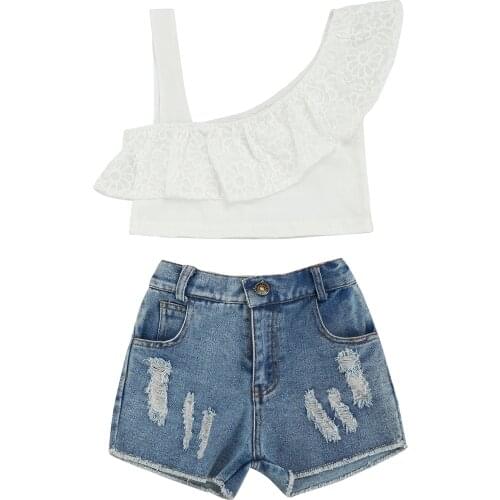 1-6Y Fashion Children Girl Clothing Set 2021 Summer Kid Girl Clothes Outfit Solid One Shoulder Ruffle Top Denim Shorts Outfit