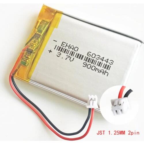 3.7V 900mAh battery JST 1.25mm 2pin connector 603443 Lithium Polymer Li-Po Rechargeable Battery For Mp3 GPS PSP Speaker Recorder