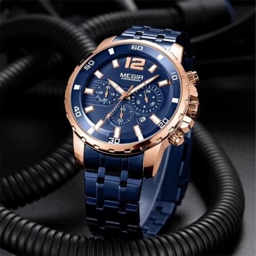 MEGIR Luxury Blue Watches Mens 2021 New Stainless Steel Waterproof Chronograph Army Military Wrist Watch for Men Business Watch