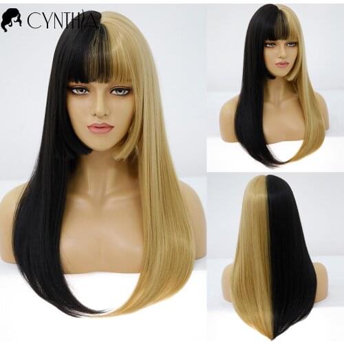 Half Black Gold Party Cosplay Long Synthetic Wigs With Bangs For Black White Women Girs Lolita Bob Heat Resistant Ombre Wig