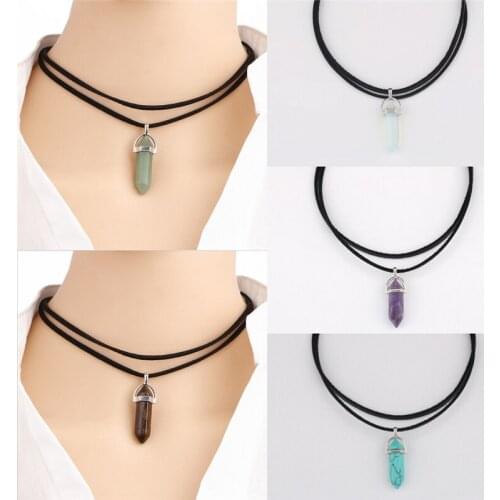 Natural Reiki Chakra Necklace Crystal Hexagonal Pointed Chakra Stones Pendant Women Black PU Leather Choker Statement Necklace