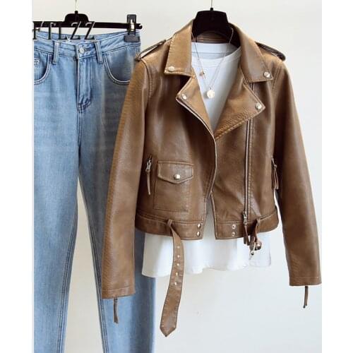 New Women Leather Coat Spring Autumn Long Sleeved With Belt Faux Leather Jacket Female Punk Outwear Ladies Biker Moto Outwear