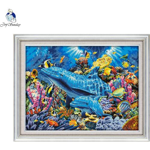 Joy Sunday Dolphin in the Sea D952 Large living Room Decoration Grid Embroidery Needlework DIY Hand Cross stitch 11CT 14CT