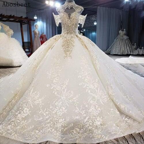 Off Shoulder Wedding Dress Plus Size with Cathedral Train Lace Wedding Gown for Bride 2021 High Collar Lace Up Back