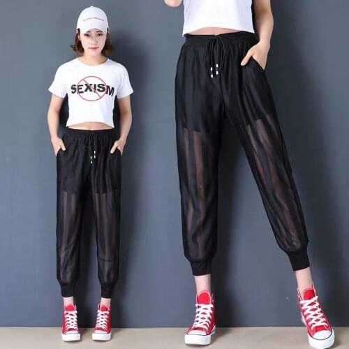 Joggers Women Harem Pants Fashion Chiffon Patchwork Mesh Transparent Sweatpants Casual High Waist Trousers Streetwear