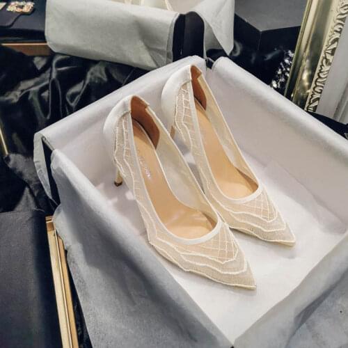 Womens Pumps High Heeled Shoes Woman Pointed Beaded White Lace Wedding Shoes Thin Heel Black Mesh Girls' Single Shoe Sandals