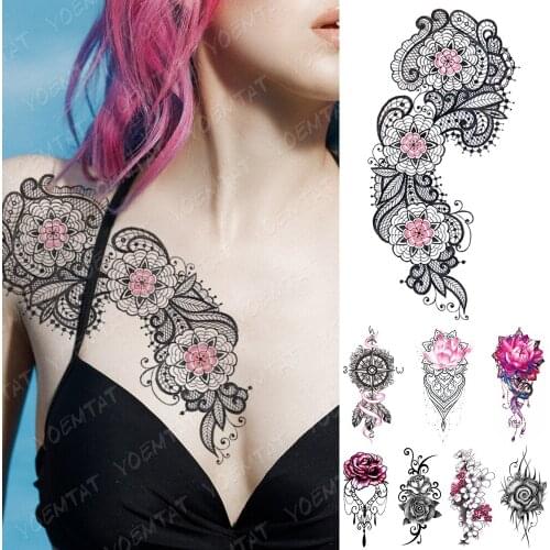 Waterproof Temporary Tattoo Sticker Lace Lotus Mandala Compass Tattoos Totem Flowers Body Art Arm Fake Sleeve Tatoo Women Men