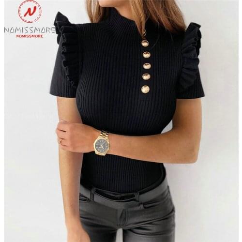 Elegant Women Solid Color T-Shirts Single-Breasted Design Ruffles Decor O-Neck Short Sleeve Summer Slim Pullovers Top