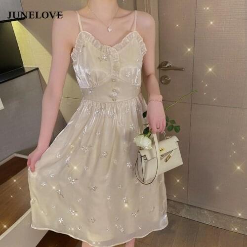 JuneLove 2021 Summer Folral Dress Women Sequin Elegant Sweet Cute Strap Prty Midi Dress Sexy Gentle Casual Beach Korean Dress