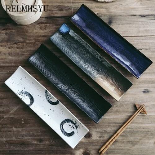 1PC RELMHSYU Japanese Style Ceramic Rectangular Cuisine Pastry Hand-painted ;ong Sashimi Sushi Plate Dish Tableware