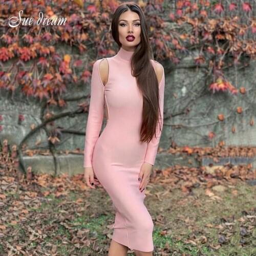 2021 New Summer Women Pink Long Sleeve Bandage Dress Sexy Backless Hollow Out Club Celebrity Runway Party Bodycon Dress Vestido