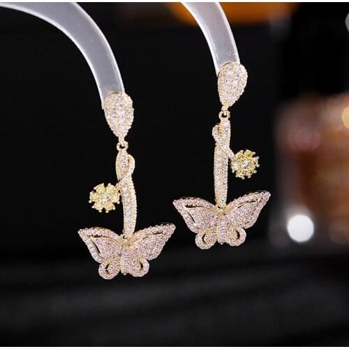 2021 Retro Shiny Zirconia Earrings Dangle Temperament Blue and Pink CZ Butterfly Drop Earrings for Woman Beautiful Jewellery