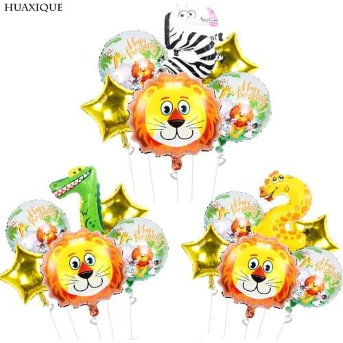6Pcs Jungle Animal Cute Lion Foil Ballons Number Balloon Baby Shower Kids Happy Birthday Party Decorations Supplies Gift