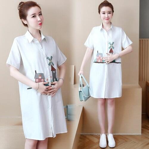 726# Maternity Clothes Summer Embroidery Cotton Turn Down Collar Short Sleeves Loose Stylish Dress Pregnant Women Mom Dress